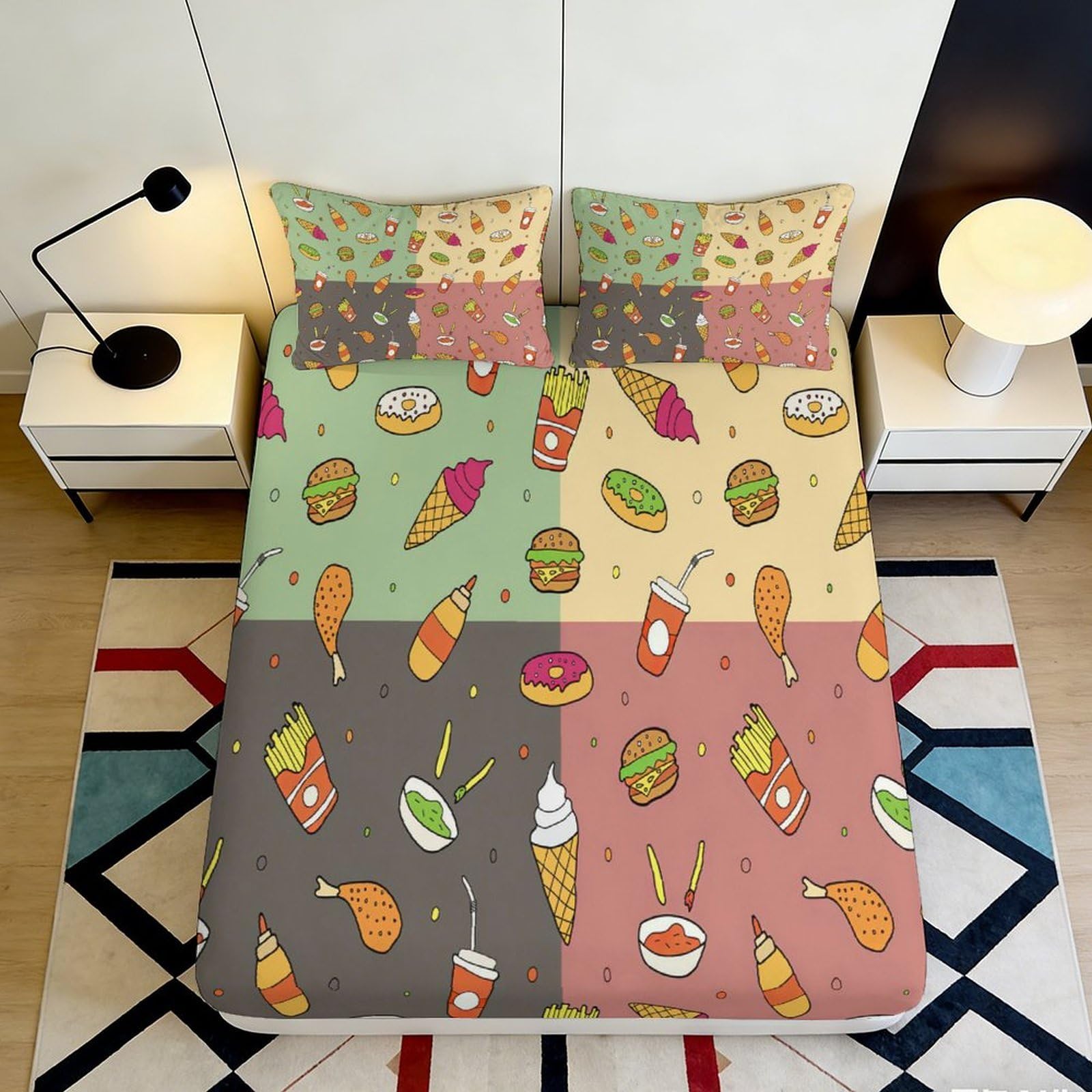 3D Printed Cartoon Fast Food Fitted Sheet Microfiber Soft Colorful Snack Bed Cover for Bedroom Dorm Mattress Decor 90x200x25cm