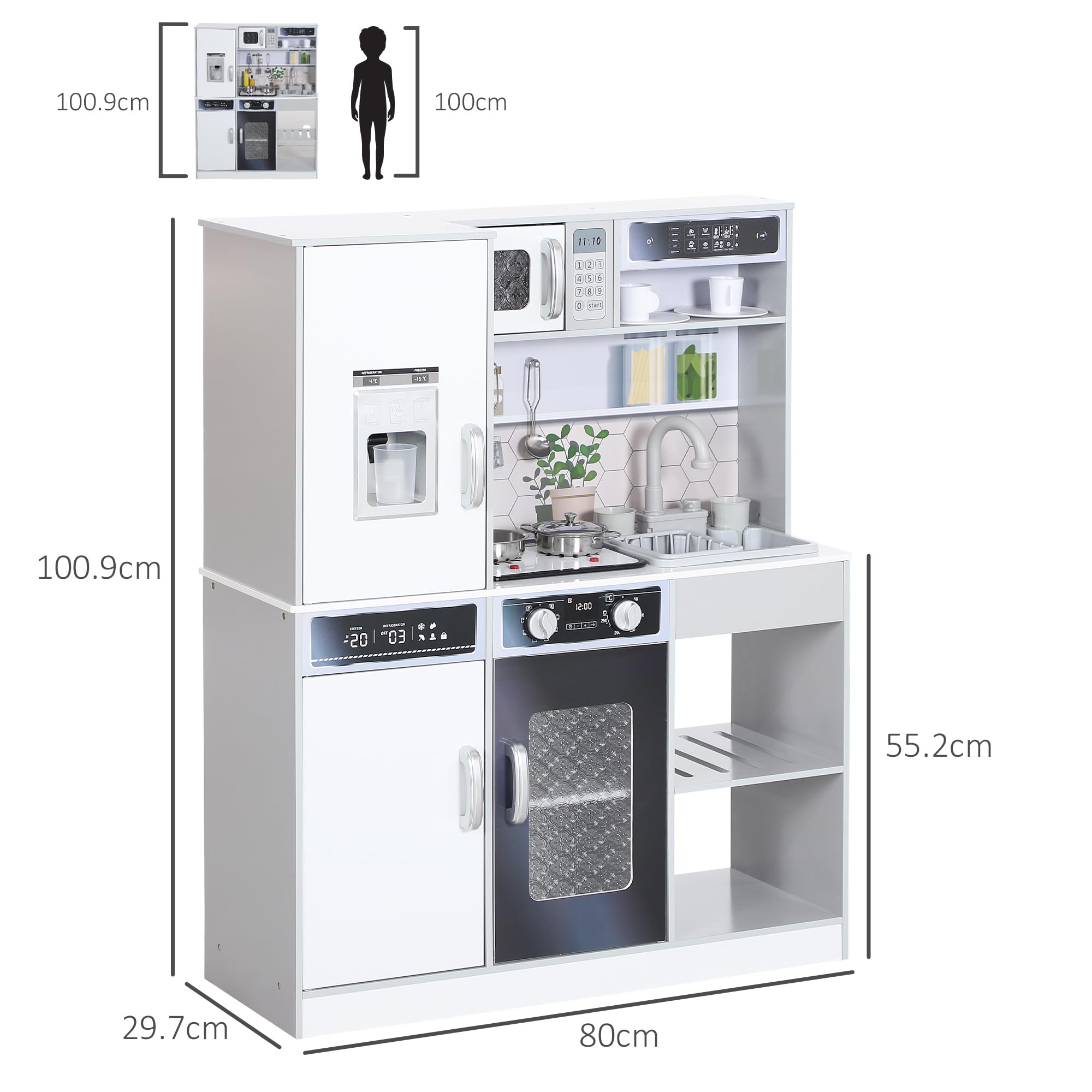 AIYAPLAY Cucina Giocattolo per Bambini in Legno con Fornello, Luci e Suoni, Forno, Microonde, Frigo, Macchina del Ghiaccio, Caffettiera, Lavello con Ricircolo d'Acqua e Accessori, per 3-8 Anni