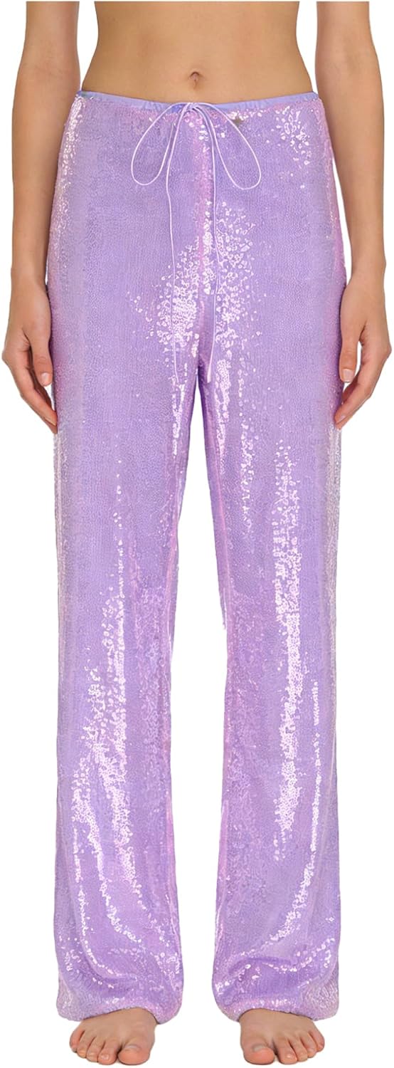 Hularka Women Sparkle Outfits Sequin Pants Waist Wide Leg Straight Leg Long Pants for Nightclub Stage Dance