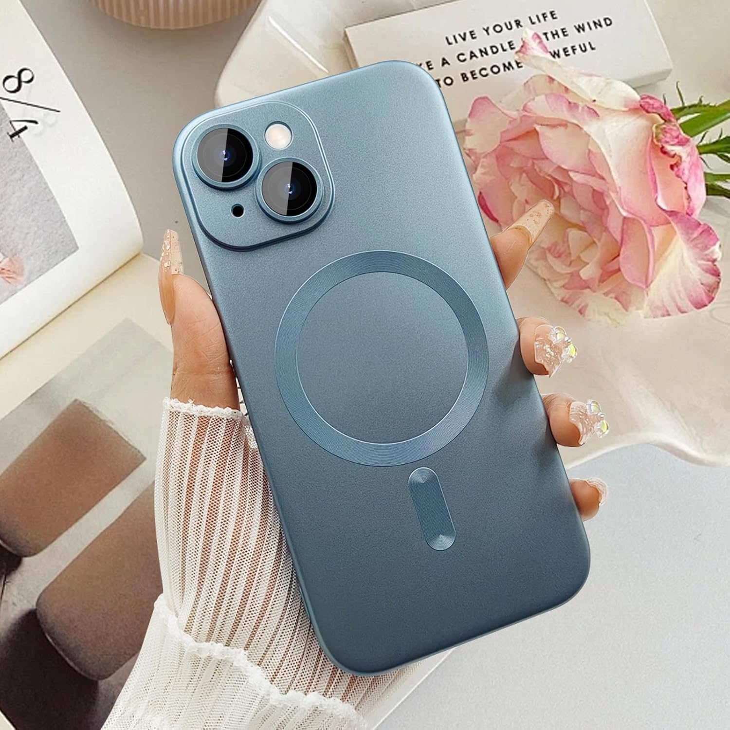 DIZORO Magnetic Case for iPhone 15 Compatible with MagSafe Built-in Camera Lens Protector Slim Soft Silicone Bumper Shockproof Metallic Luster Back Cover Phone Case Sierra Blue — Amazon image 5