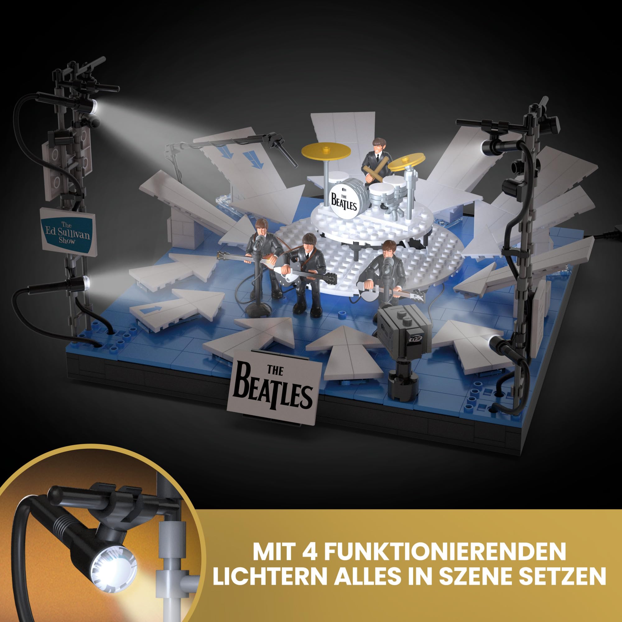 MEGA The Beatles Bauspielzeug zum Sammeln mit 671 Teilen, 4 beweglichen Actionfiguren der Bandmitglieder und LED-Leuchten, Set für Sammler zum Zusammenbauen und Präsentieren, HVH42