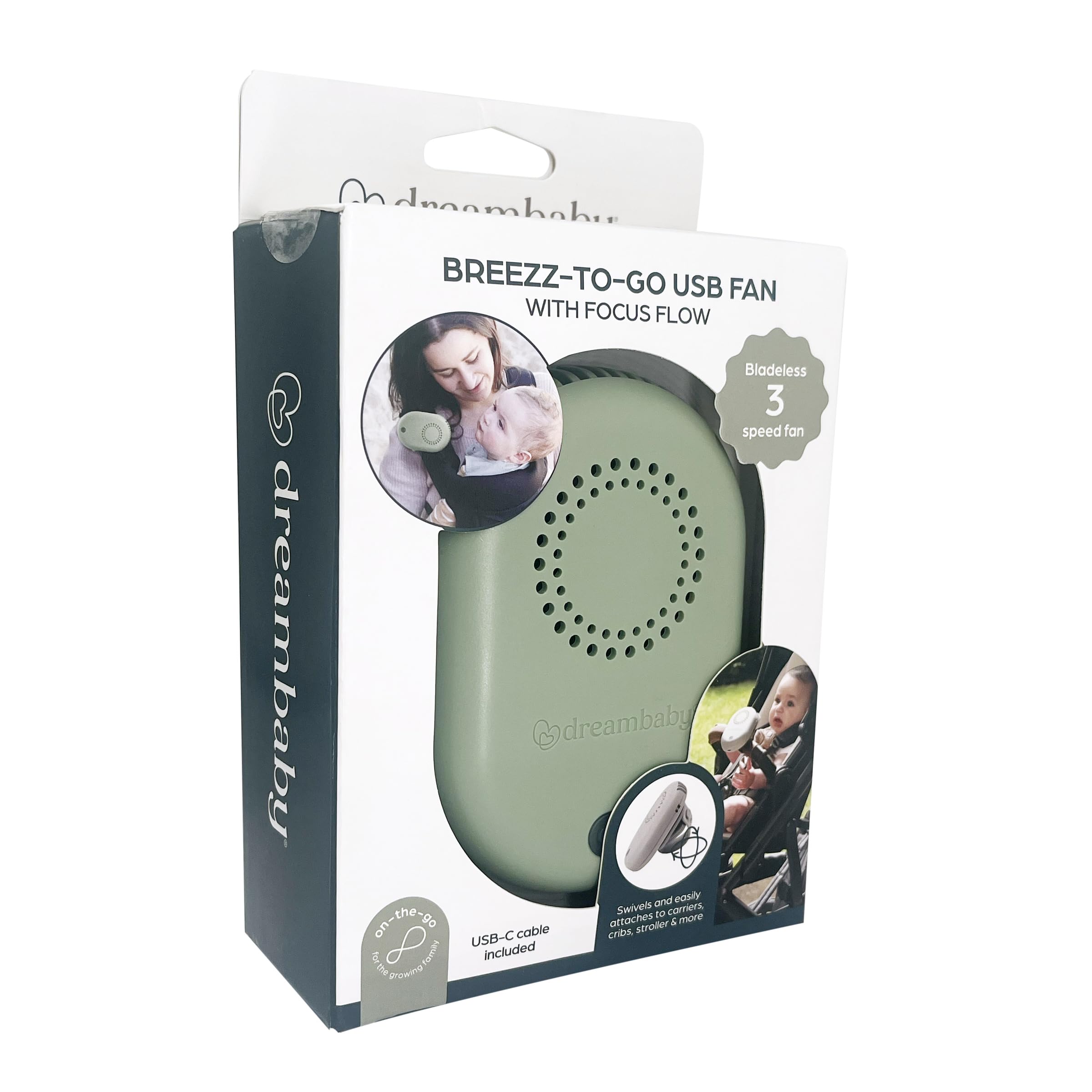 Dreambaby Breezz-to-go Chargeur USB rechargeable à clipser et ventilateur portable – Tient dans votre sac – Idéal pour les voyages, la poussette, le porte-bébé, la maison ou le bureau – Vert sauge