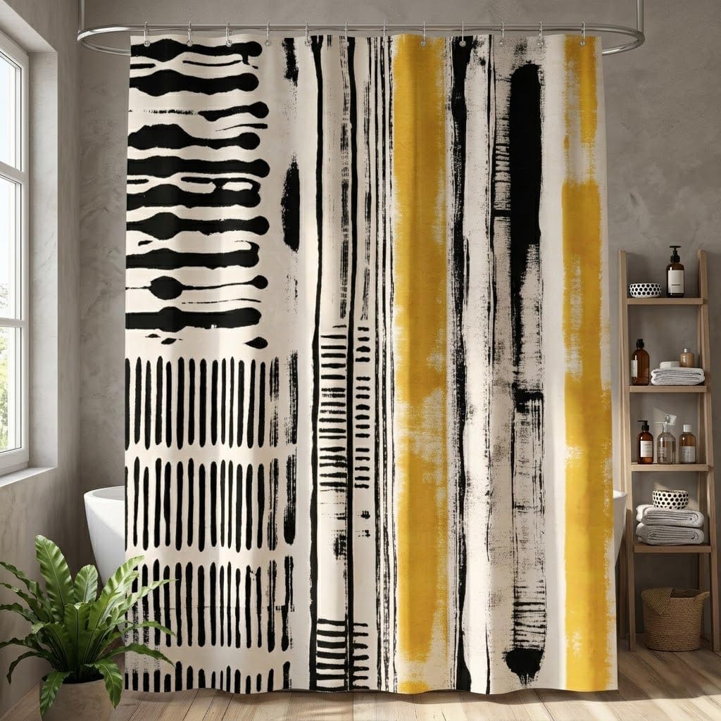 Abstract Boho Shower Curtain, Mid Century Modern Black And Beige Geometric Stripes Shower Curtains Set, Minimalist Aesthetic Art Yellow Polyester Fabric Shower Curtains for Bathroom with Hooks 72X72IN