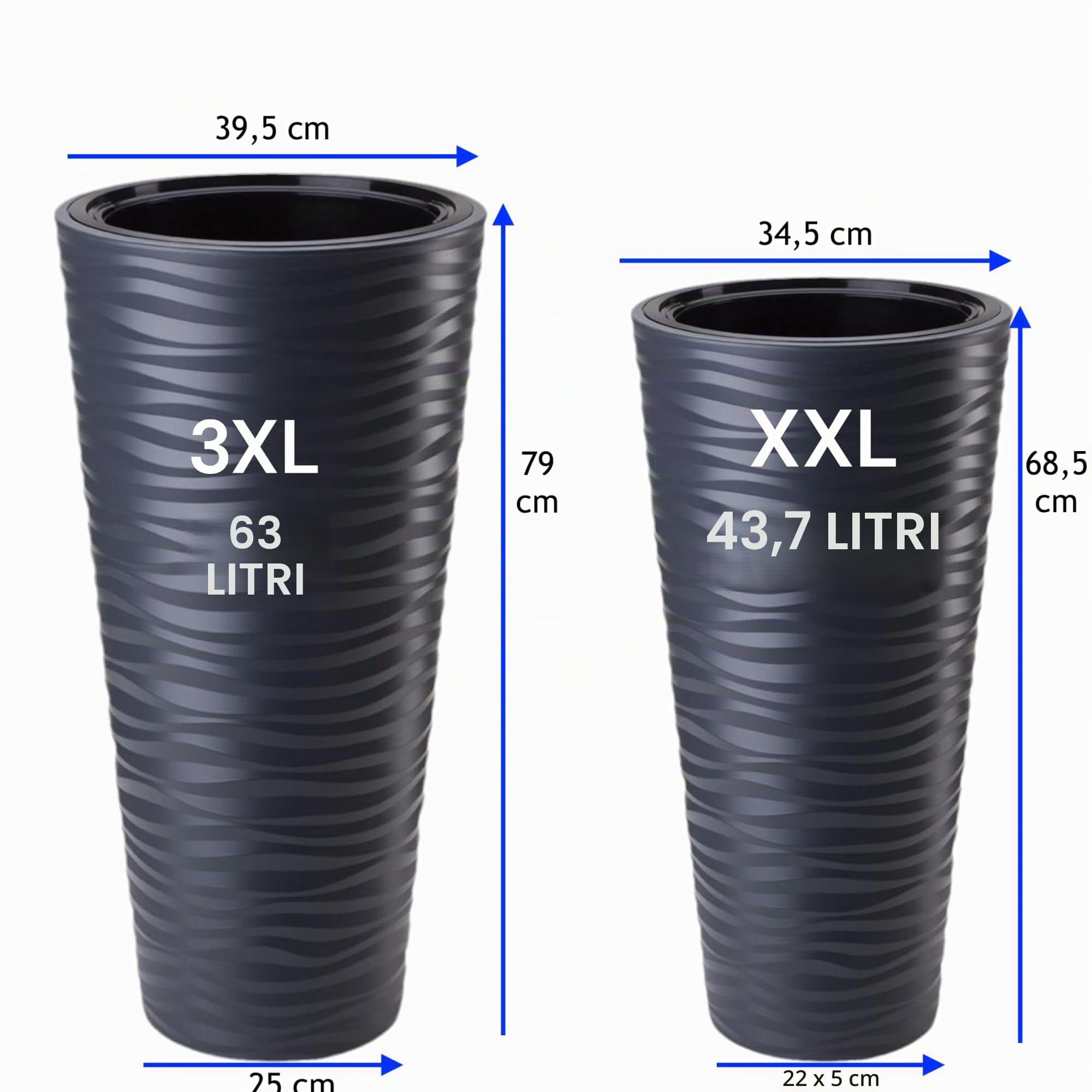 Vaso per piante XXL, forma rotonda allungata, effetto 3D, ondulato, colore: grigio antracite, con inserto rimovibile, diametro x altezza: 35 x 68,5 cm