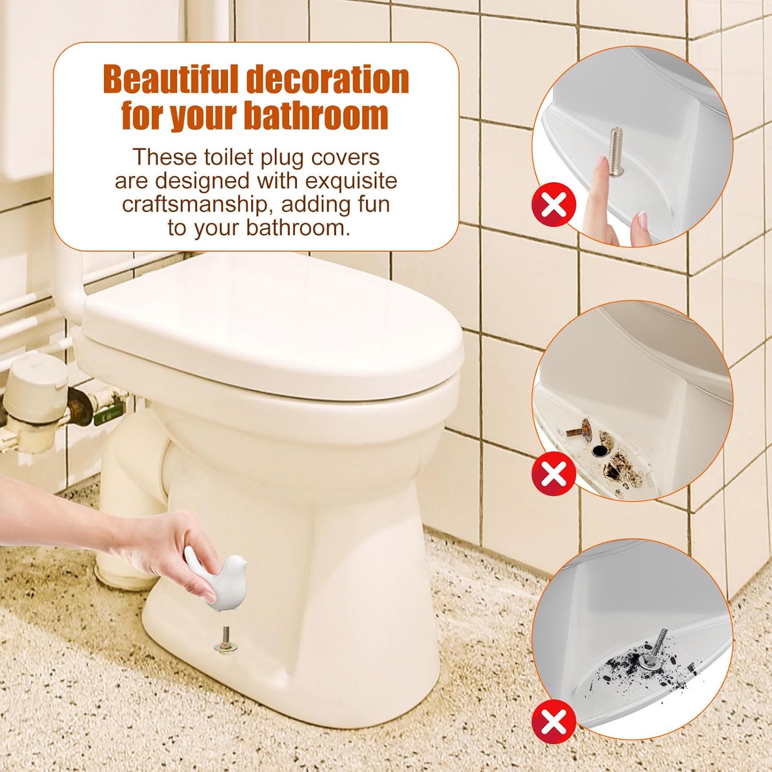 2pcs Toilet Bolt Caps, with 4 Lids And 4 Washers Bird Shape Ceramic Toilet Bolt Covers Decorative Hidden Toilet Screw Caps for Bathroom Toilet Decoration (White)