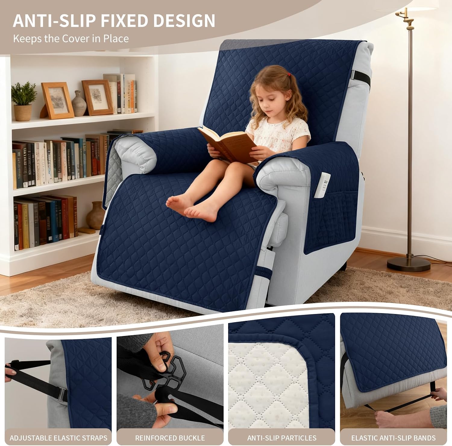 100% Waterproof Recliner Chair Covers 28", Non-Slip Recliner Cover for Chair with Pocket Washable Recliner Covers with Elastic Straps Large Recliner Cover for Kids Pets-Navy Blue