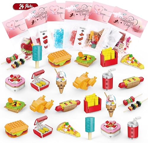 Miniatura 1 de Regalos para el día de San Valentín para niños, aula y fiesta, paquete de 24 bloques de construcción de alimentos y tarjetas de San Valentín,