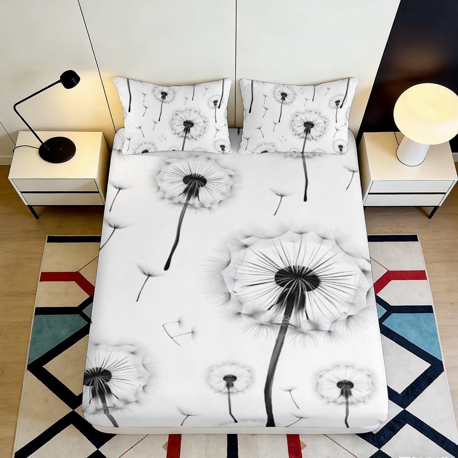 3D Printed Dandelion Fitted Sheet Microfiber Soft Breathable Dandelion Mattress Cover for Bedroom Dormitory Guest Room Mattress Protection Decor 140x200x25cm