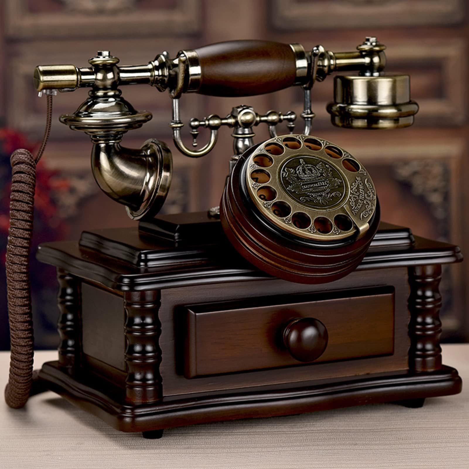 Przewodowy telefon stacjonarny, lite drewno retro design, vintage obrotowy telefon biurkowy z szufladą, klasyczny telefon do biura domowego