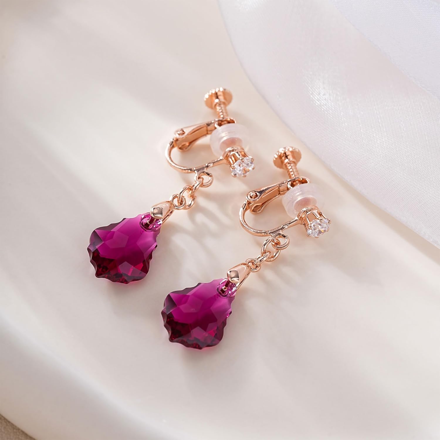 Austrian Crystal Baroque Drop Clip On Dangle Earrings for Women Non Pierced 14K Rose Gold Plated Hypoallergenic Jewelry - Image 3