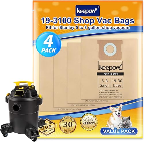 KEEPOW 19-3100 Shop Vac Bags compatibles con aspiradora Stanley de 5 a 8 galones, paquete de 4 bolsas de filtro desechables