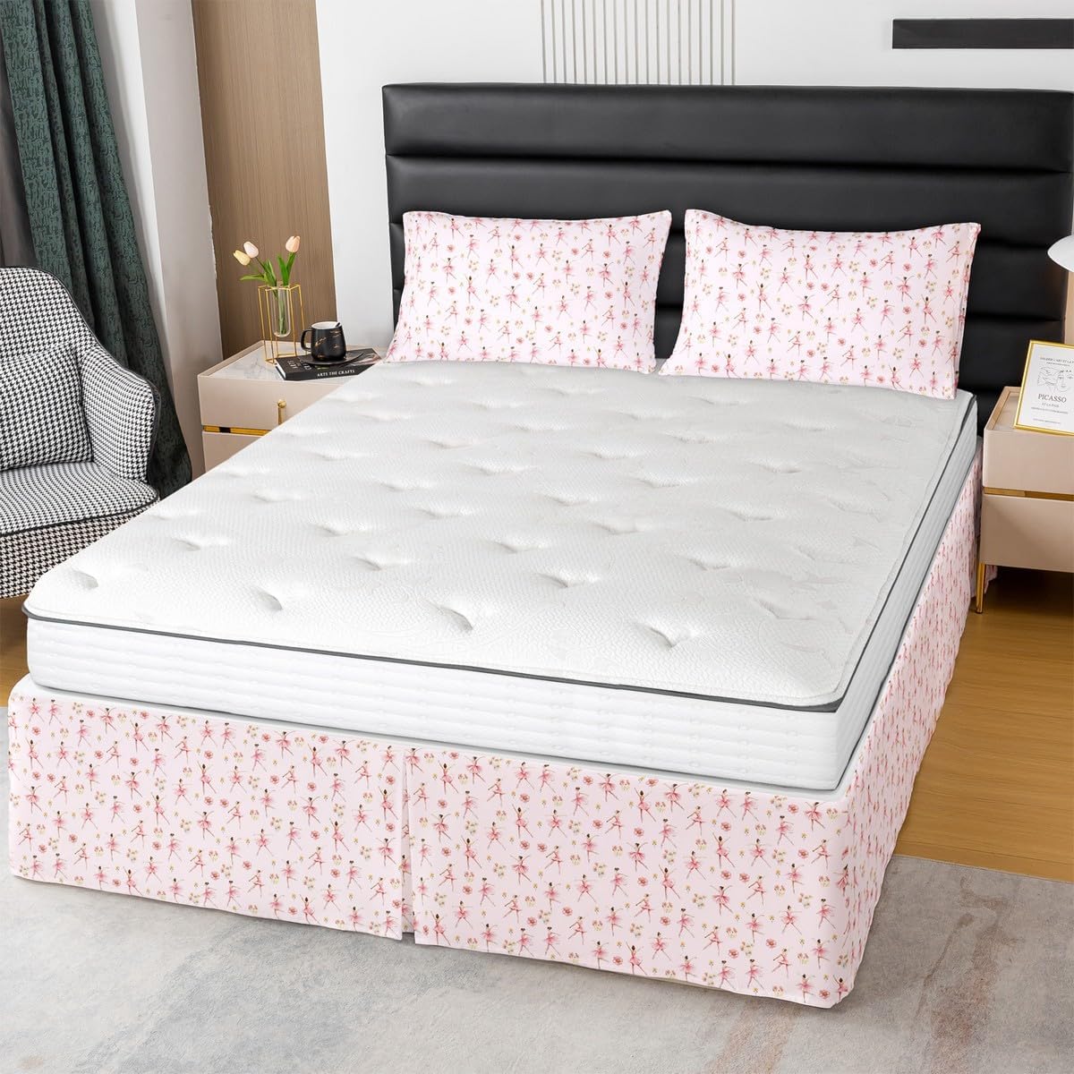 Feelyou Ballet Girl Bed Skirt Twin Size, Ballet Bedskirt Dust Ruffle 15 Inch for Kids Boys Girls Dancing Theme Fitted Sheet, Floral Flower Girly Love Wrap Microfiber Bed Skirts for Bedroom Decor