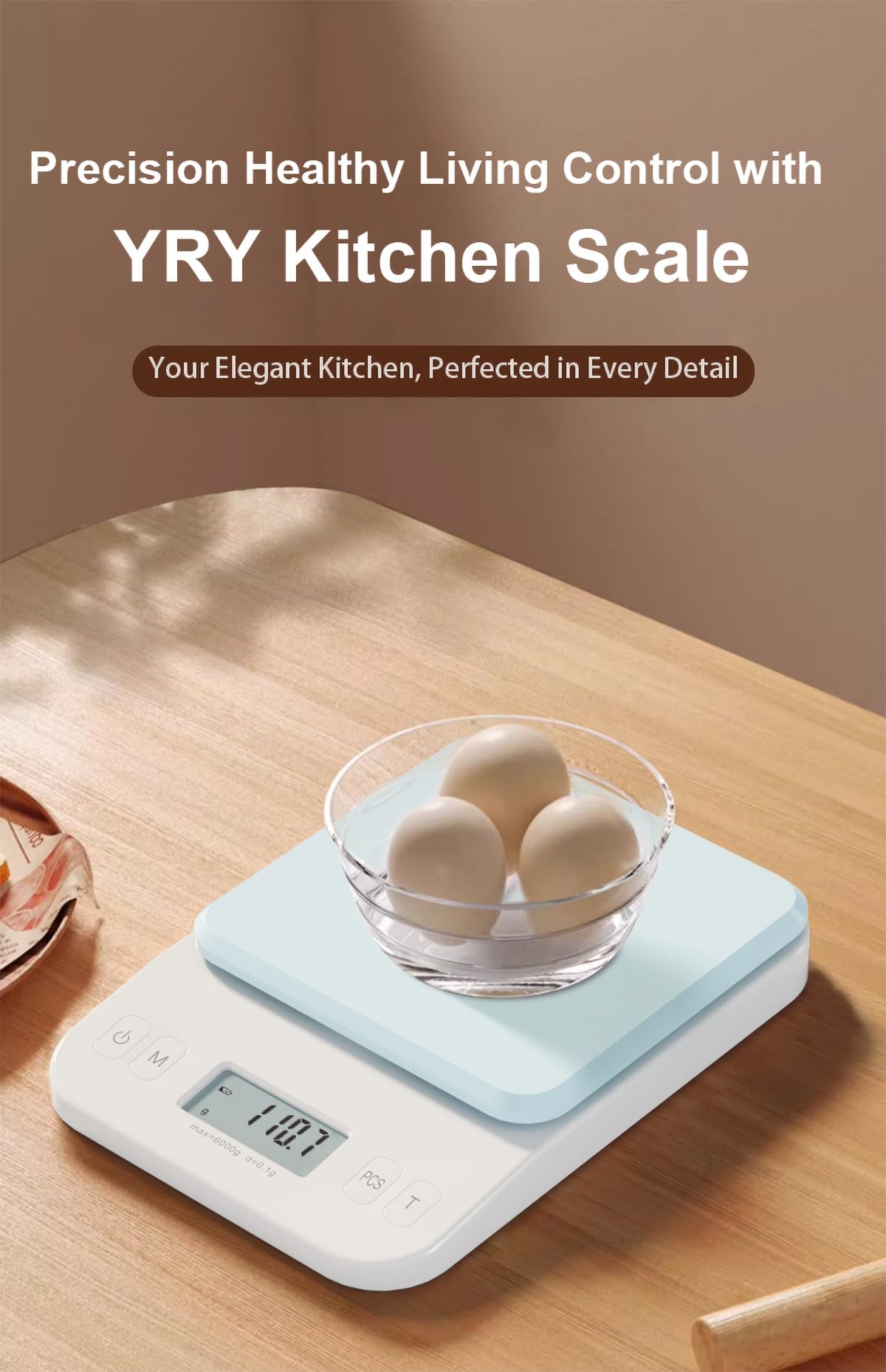 YRY White Elf Pro - Báscula digital de cocina de 6 kg/0,1 g, báscula para hornear ultra precisa con pantalla LCD retroiluminada, función de tara, conversión de 9 unidades, perfecta para café, hornear