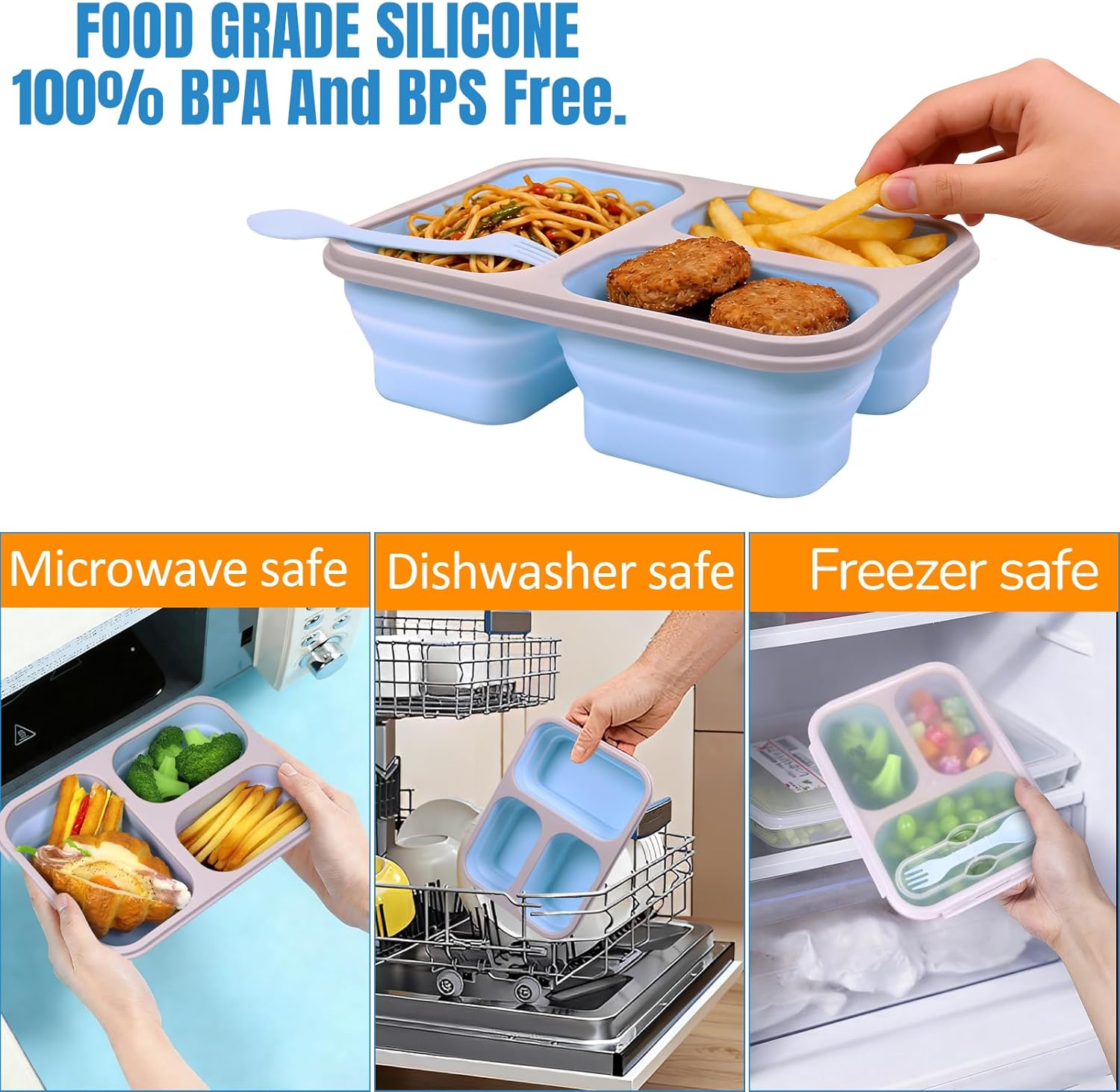 Big Collapsible Silicone Bento Lunch Box With Insulated Lunch Bag, 45.6oz Food Containers with 3 Compartment, Bento Bag, Designed for Fresh Lunch On the Go