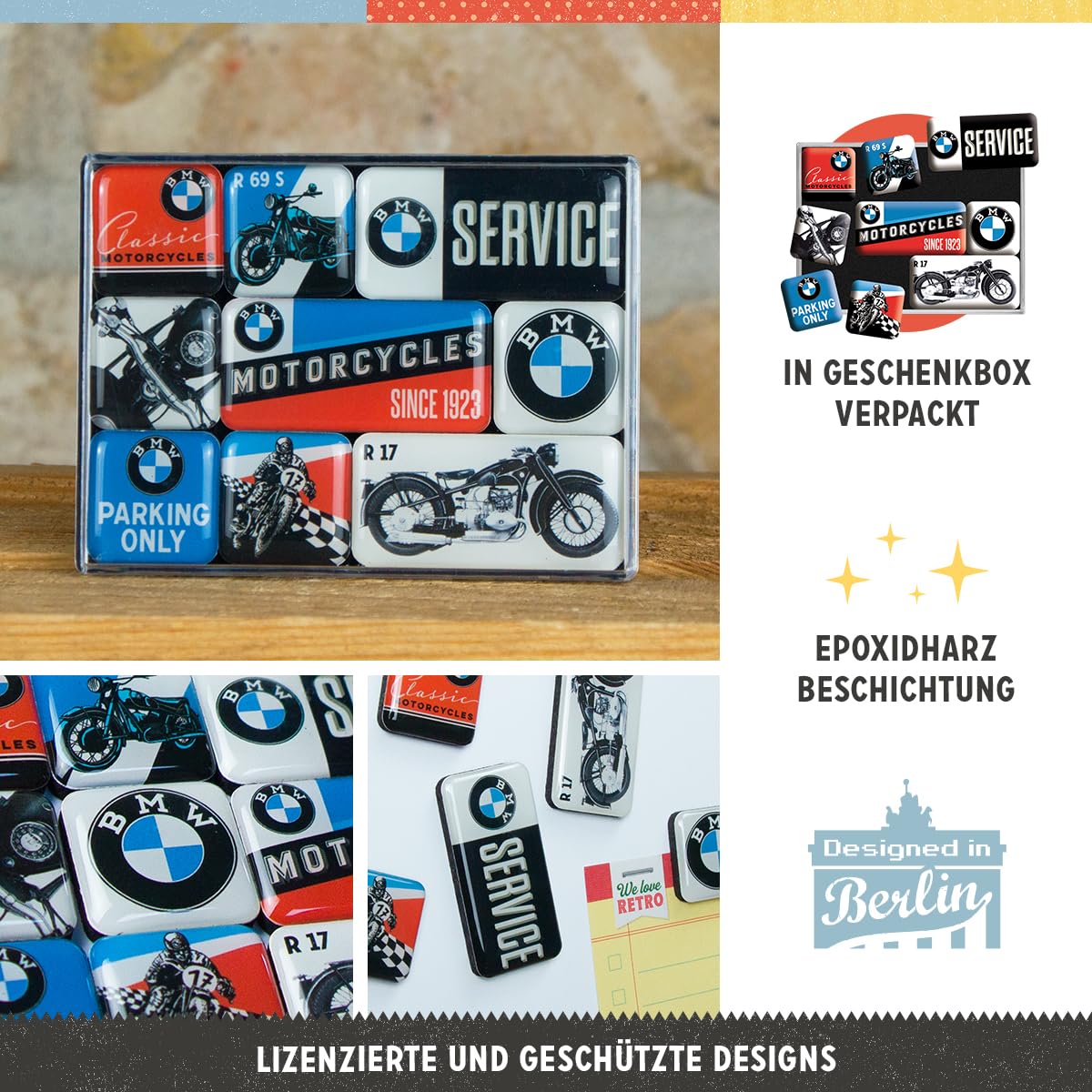 Nostalgic-Art Retro Kühlschrank-Magnete BMW – 9-teiliges Set, Offiziell Lizenziert, Vintage Design