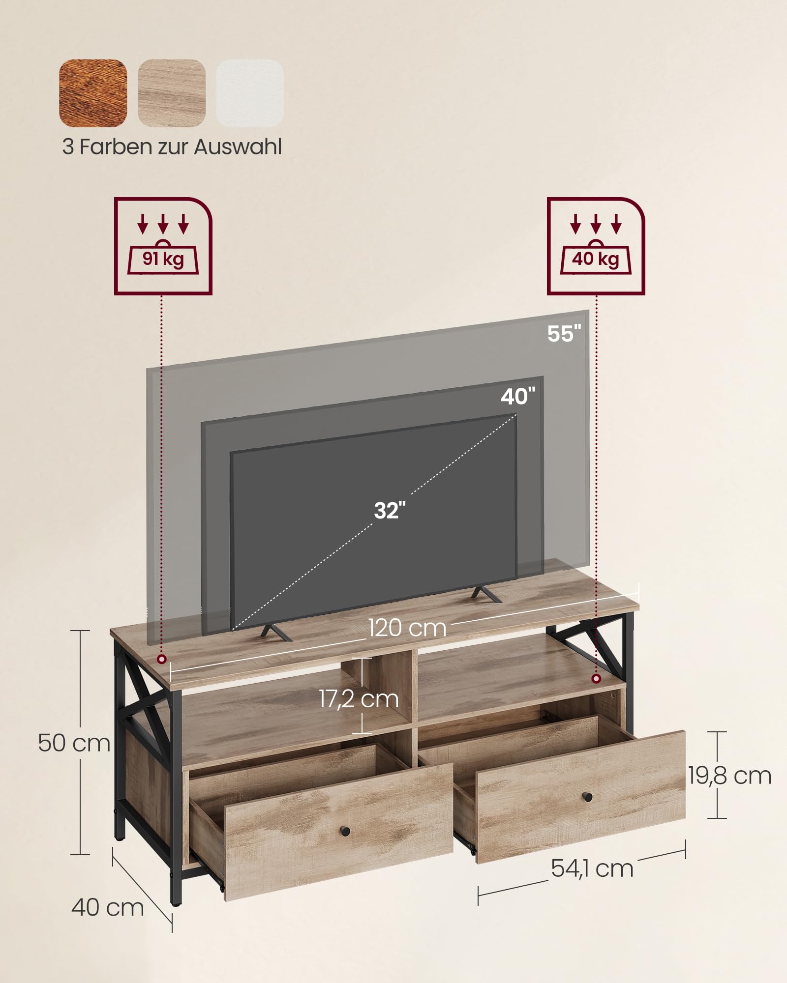 VASAGLE TV-Schrank, Lowboard für Fernseher bis zu 55 Zoll, 120 cm lang, Fernsehtisch mit 2 Schubladen, 2 offenen Fächern, 40 x 120 x 50 cm, Wohnzimmer, Stahlgestell, eichenbraun-schwarz LTV300B50