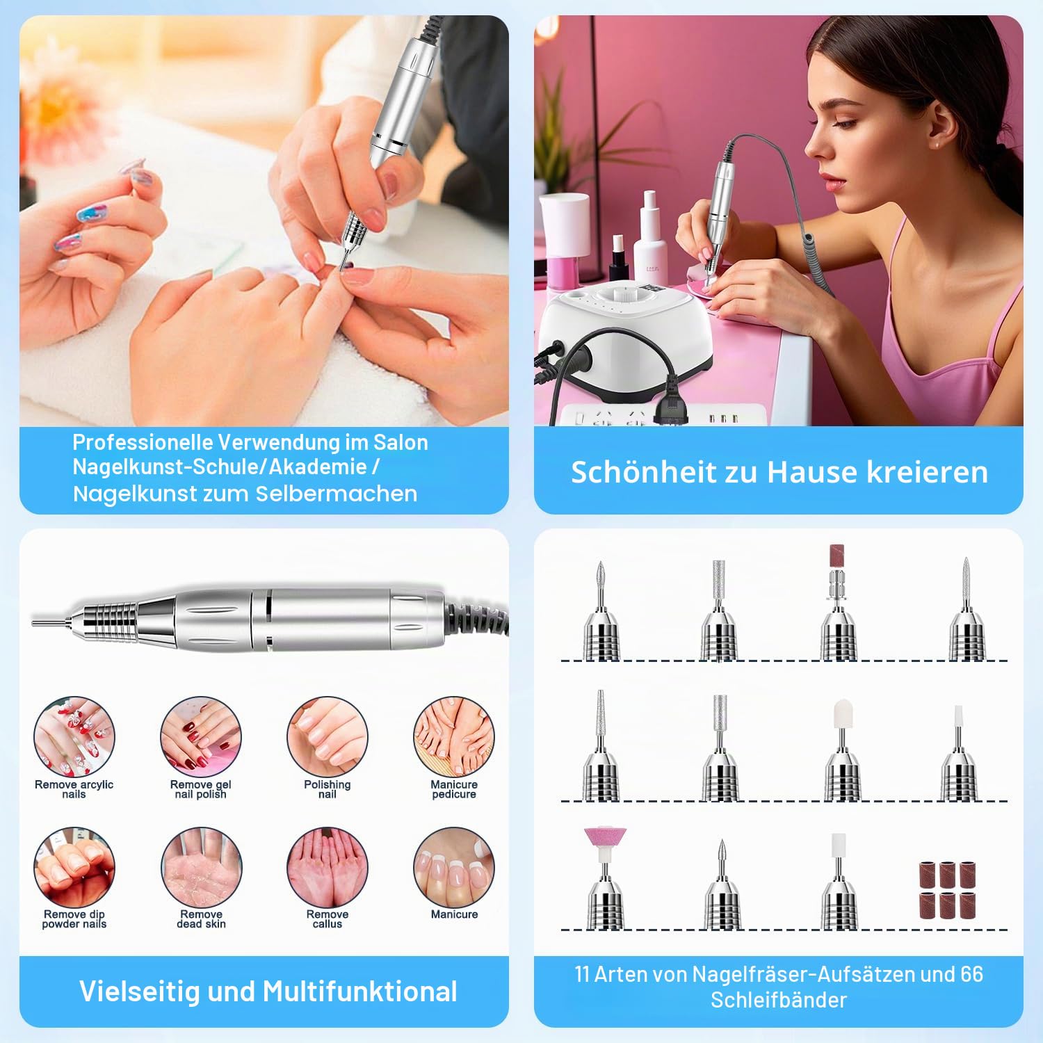 Nagelfeile Elektrisch für gelnägel,NAILGIRLS 11 in 1 Nagel Fräsmaschine,35000 U/Min Nail Drill Nagelfräser Set,Maniküre Pediküreset Elektrisch Nagelfräser für Acrylnägel mit LED-Anzeige und Fußpedal