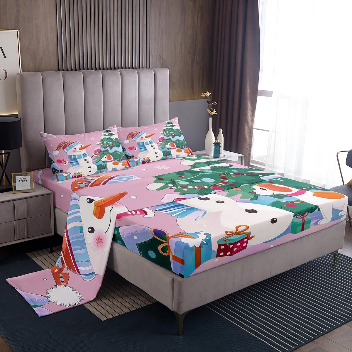 Feelyou Merry Christmas Bed Sheets Set Queen Size Kawaii Dog Deep Pocket Fitted Sheet Funny Snowman Bedding Sets Xmas Theme Soft Bed Set 4Pcs with 2 Pillow Cases