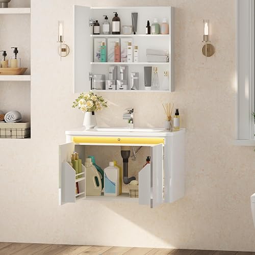 30 Inch Floating Bathroom Vanity with Sink and Mirror Medicine