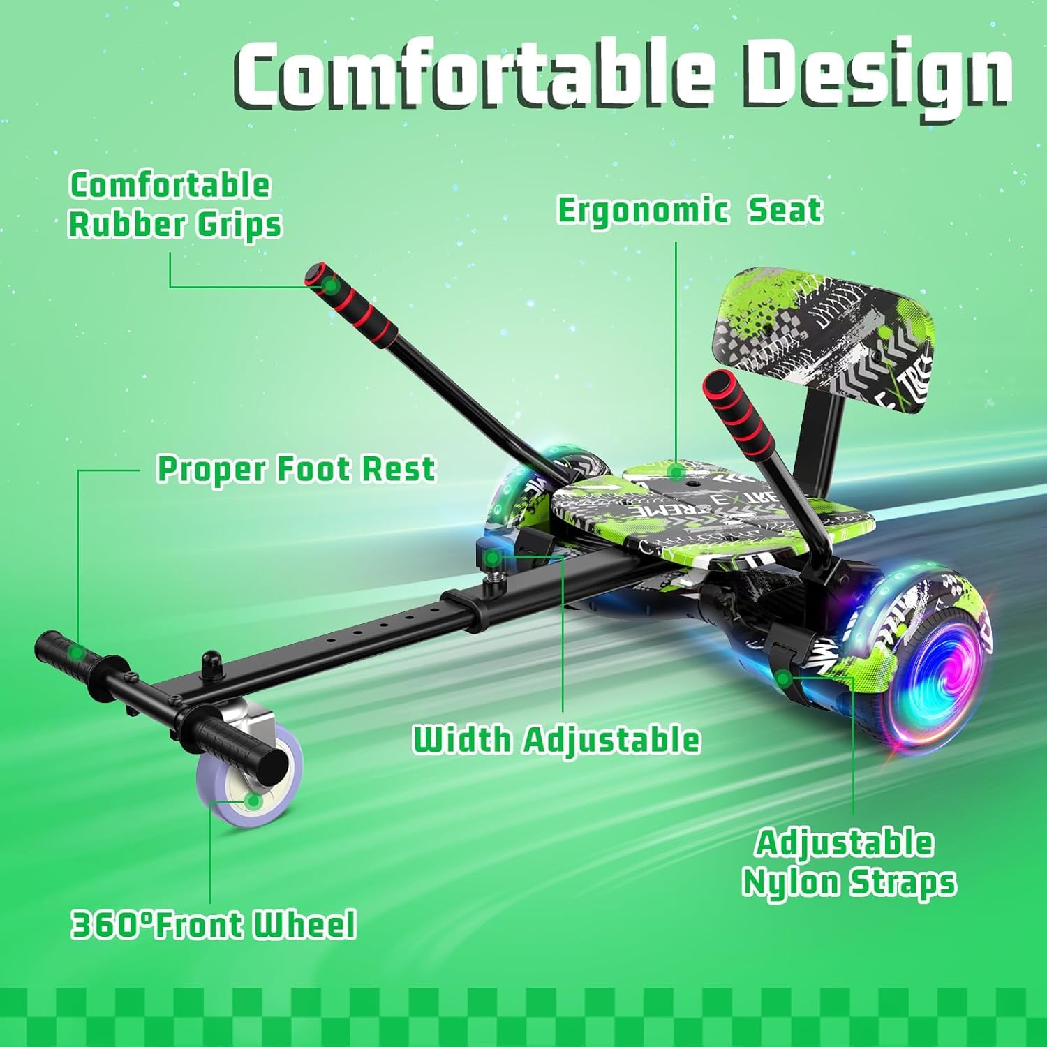 SISIGAD Hoverboard avec fixation de siège – Kit de conversion Go Kart – Roues de 16,5 cm – Hover Board pour enfants avec haut-parleurs Bluetooth – Scooter électrique auto-équilibré pour filles et