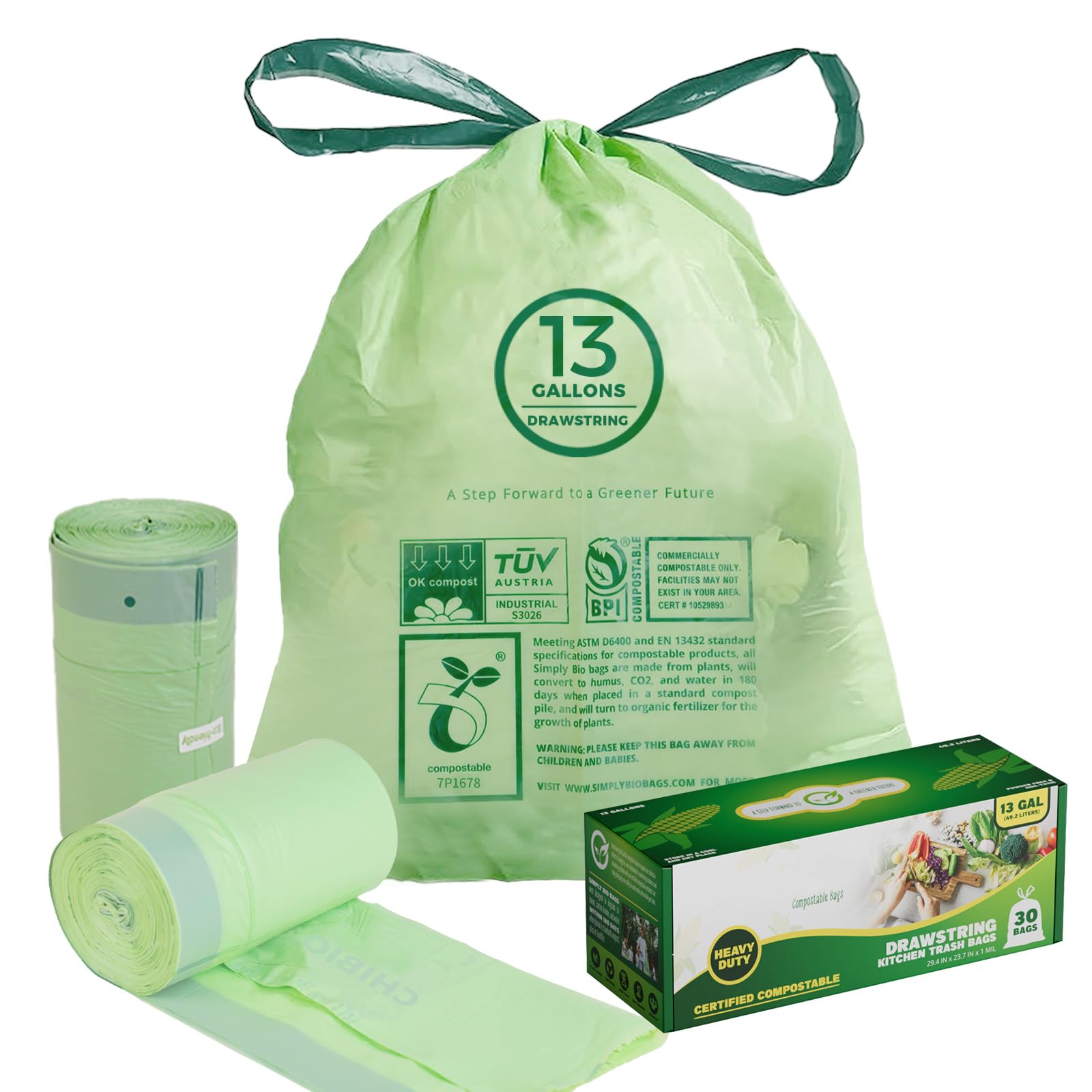 13 Gallon Compostable Trash Bags with Drawstring, Heavy Duty Extra Thick 1 Mil, 49.21 Liter, 30 Bags, Tall Kitchen Food Scrap Waste Bag, ASTM D6400, US BPI and OK Compost Home Certified