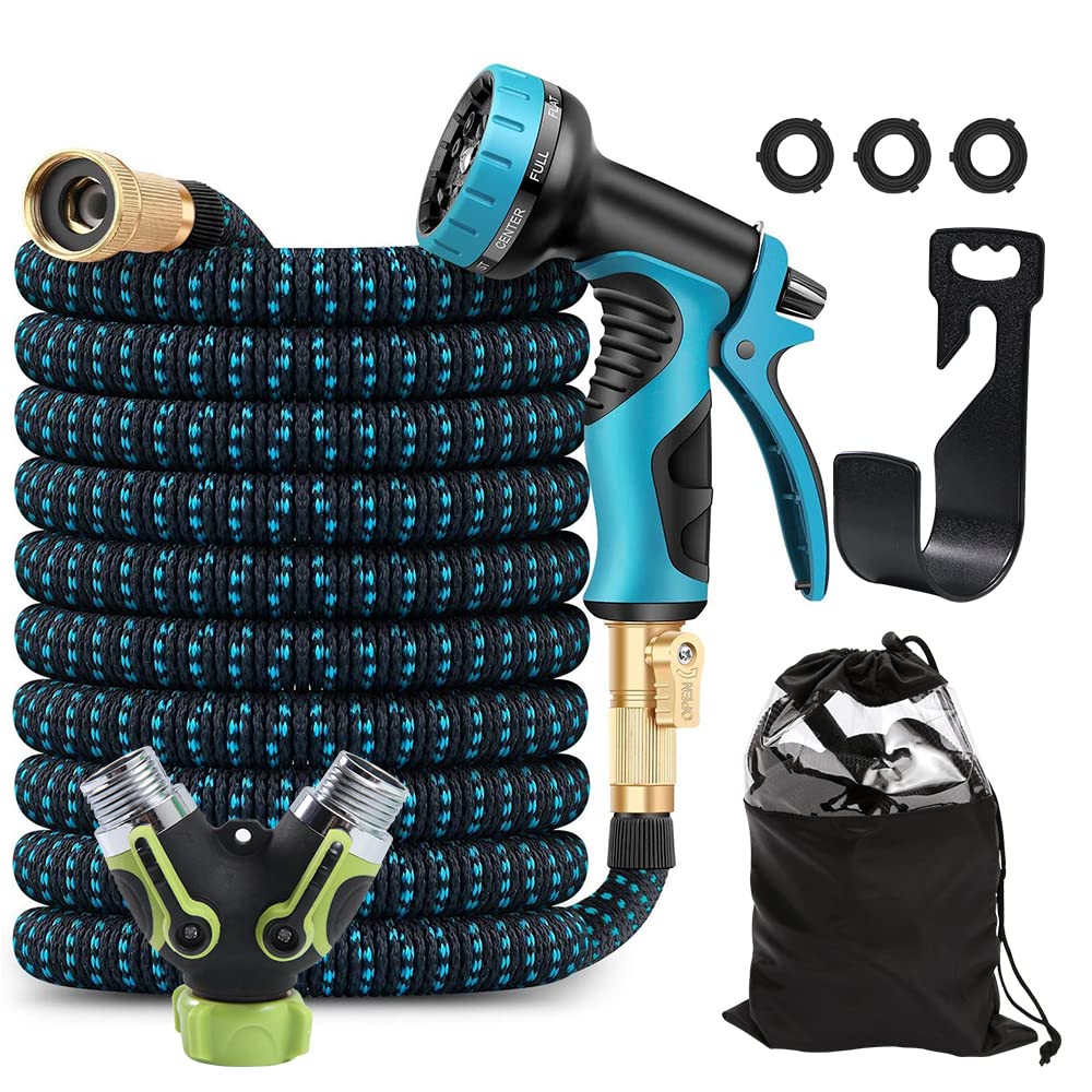 100 FT Expandable Garden Hose, Lightweight Flexible Retractable Water Hose with 10 Function Nozzle, 3/4'' Solid Brass Fitting, Durable 3750D Fabric and 3 Latex Core for yard washing, car washing