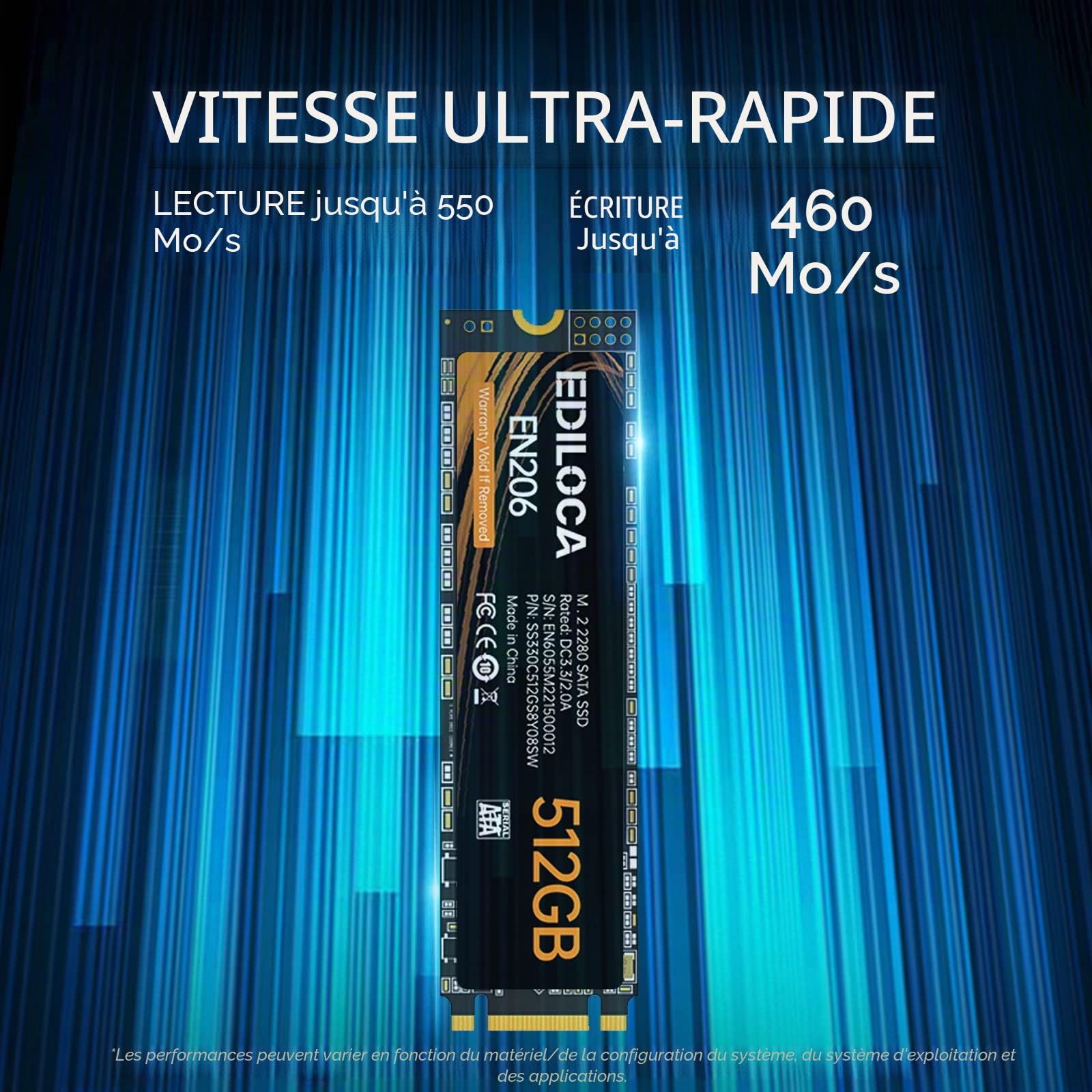 Ediloca Disque Dur Interne EN206 256 Go 3D NAND M.2 SSD, M.2 2280 SATA III 6 Go/s SSD, Vitesse de Lecture/écriture jusqu'à 550/460 Mo/s, Compatible avec Ultrabooks, tablettes et Mini PC