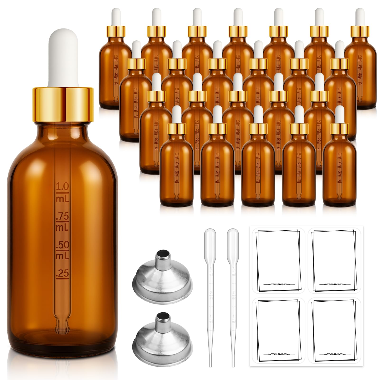 Bumobum 24 Pack 2 oz Glass Dropper Bottle, Amber Glass Eye Dropper Bottles