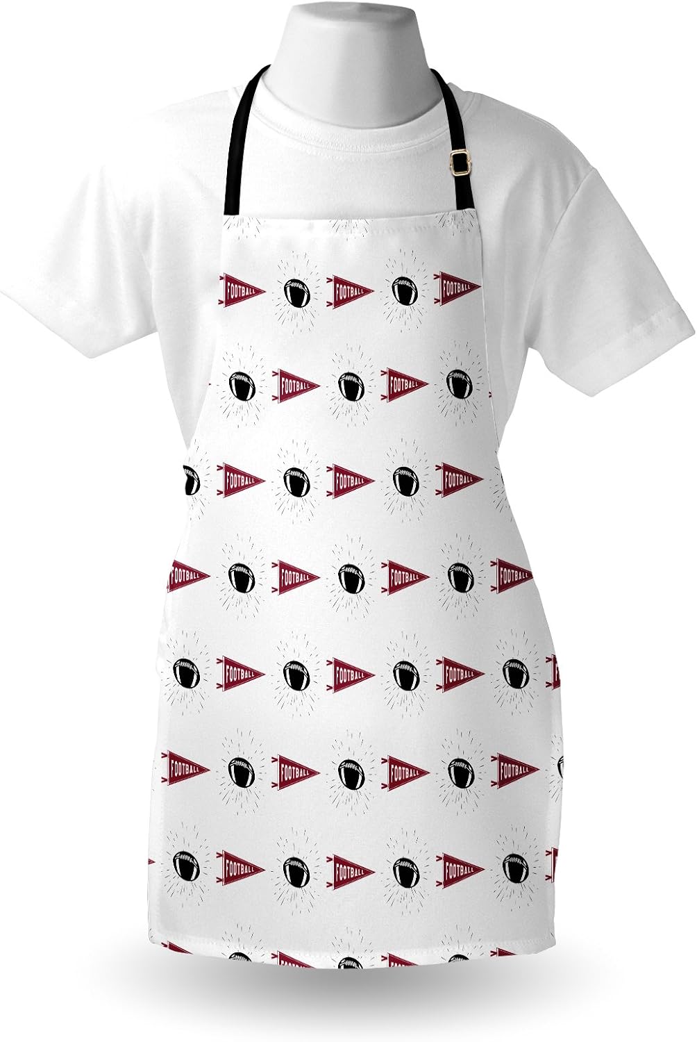 Lunarable Football Apron, Sportss Pennants Balls with Retro Burst Effect Graphic Game, Unisex Kitchen Bib with Adjustable Neck for Cooking Gardening, Adult Size, Maroon White