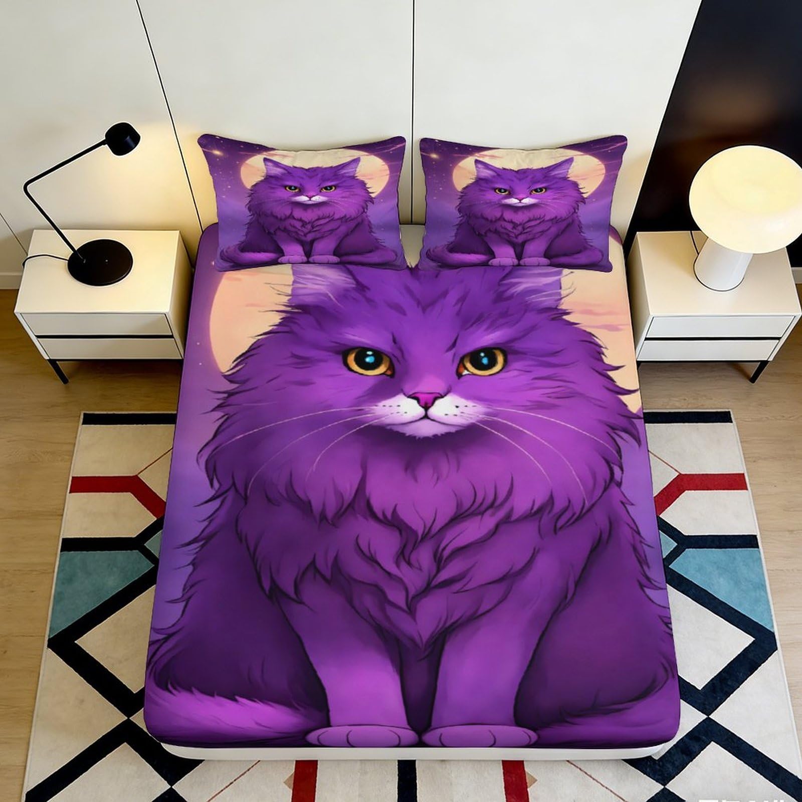 3D Printed Purple Cat Fitted Sheet Microfiber Non-Slip Deep Pocket Purple Cat Mattress Fitted Cover for Bedroom 90x200x25cm