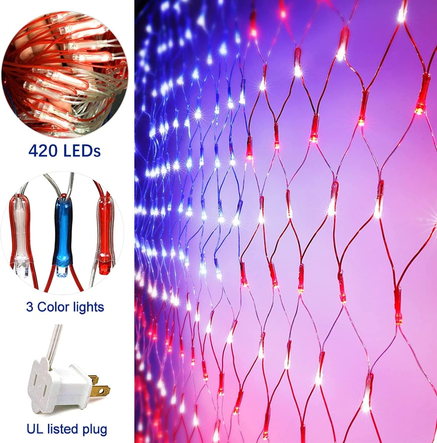 (Upgraded) American Flag Net Lights, 4th of July Decorations, 420 LED USA Flag Lights, Outdoor Waterproof Patriotic Ornament for Independence Day, National Day, Memorial Day (Plug-in 110V)
