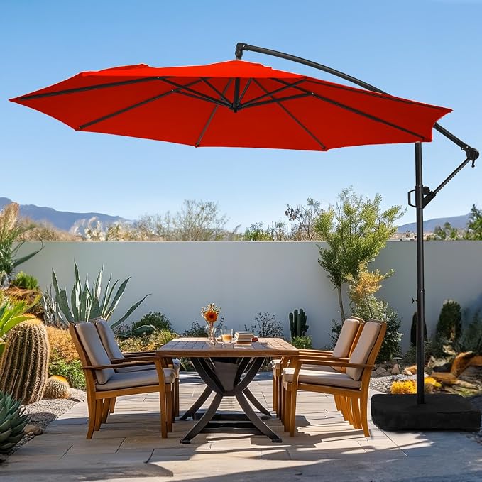 Tan 10ft Patio Umbrella with Base Included, Outdoor Offset Cantilever Umbrella with Sandbag Base for Backyard, Garden and Pool, Easy to Tilt and Crank, Beige