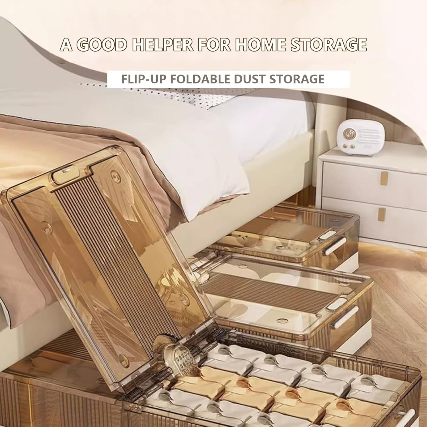 Under bed storage containers with Wheels, Stackable Under Bed Folding Storage Boxes Storage Plastic Containers，Multi-purpose Storage Bins with Lids, for Clothes, Shoes, And Duvets