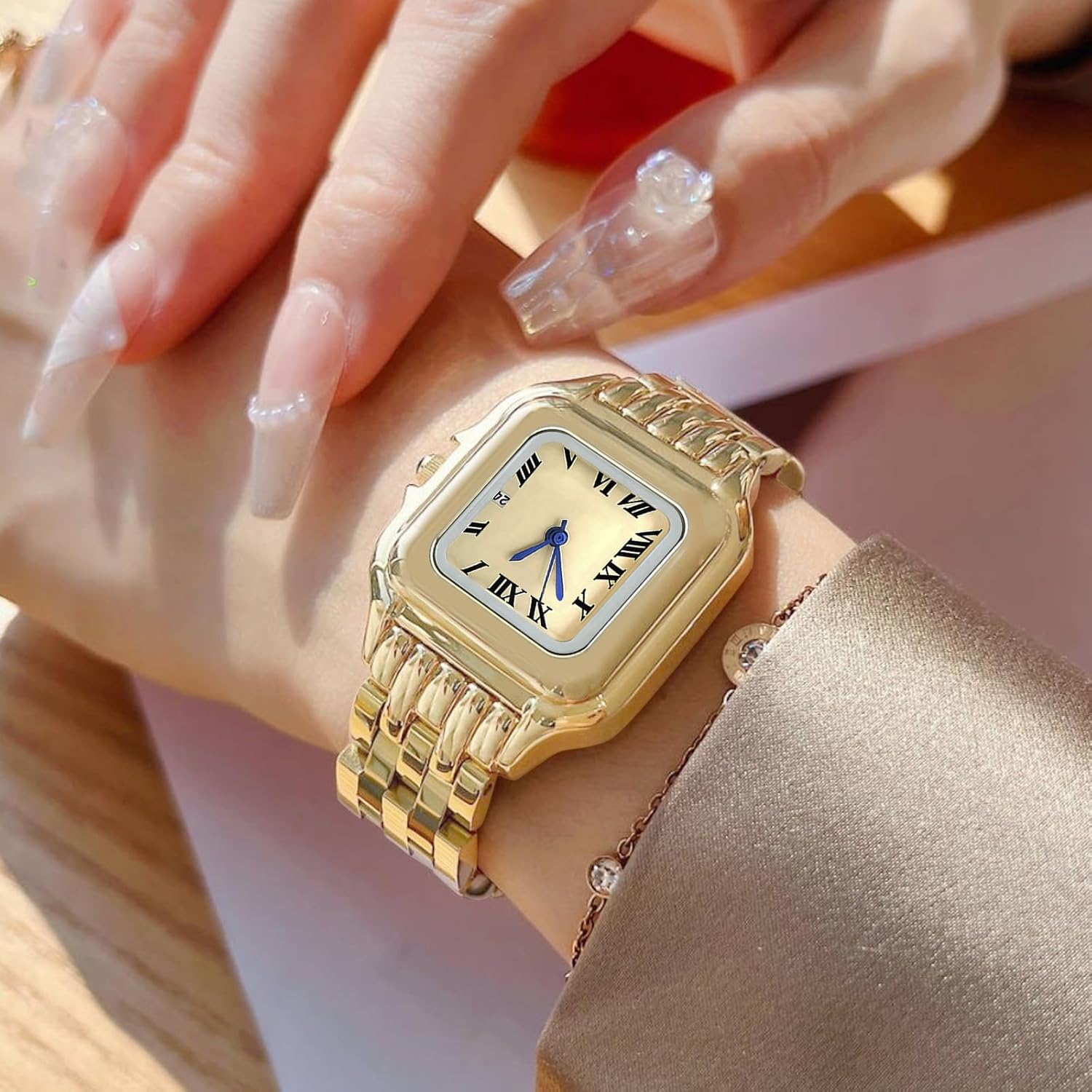 NEWITIN 4 Pieces Women Gold Watch Bracelets Set Fashion Costume Jewelry Gold Plated Square Wristwatch Diamond Bangle Bracelet Watch Jewelry Set for Women - Image 6