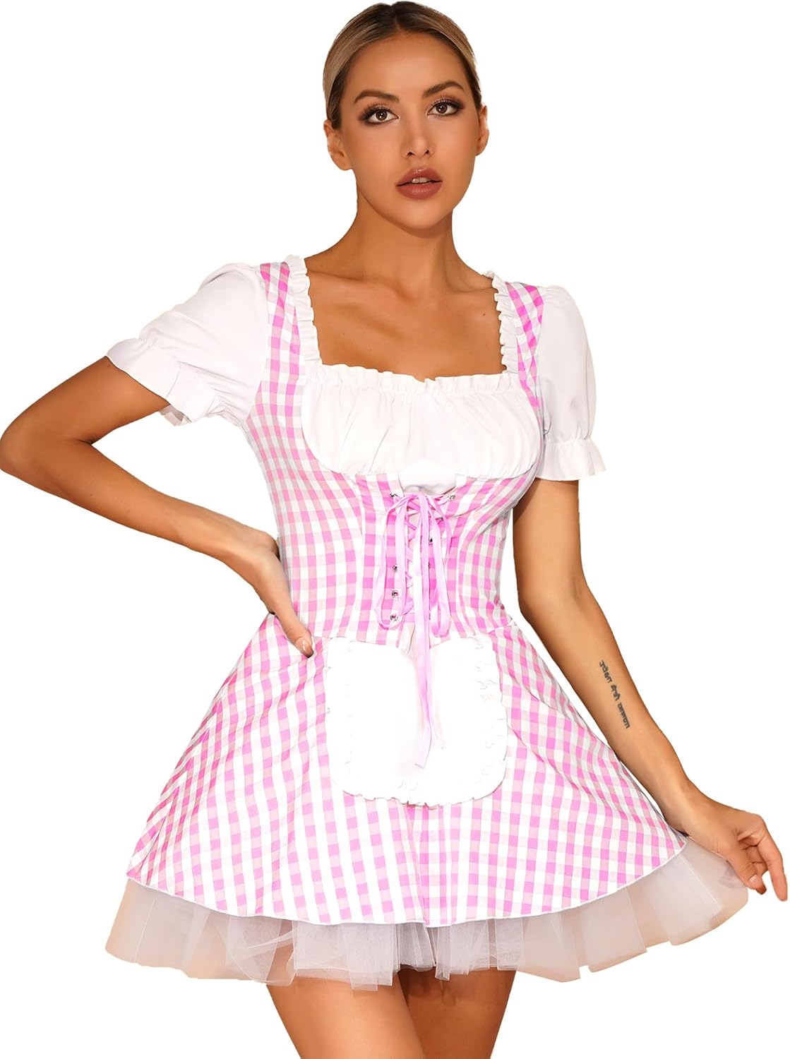 Sywiyi Women's French Maid Costume Short Puff Sleeve Frilly Plaid Apron Dress Halloween Anime Cosplay Outfits