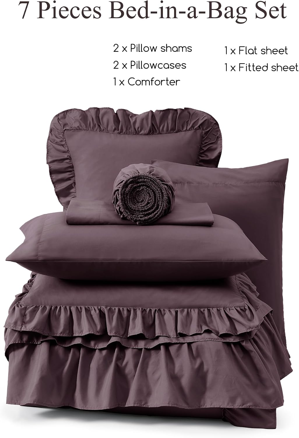 Queen Comforter Set Dark Purple Ruffle 7 Pieces Farmhouse Bed in a Bag