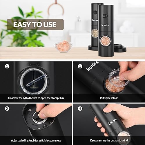 Miniatura 4 de Hotder Juego de molinillo eléctrico de pimienta y sal, funciona con pilas, ajustable, 5 niveles de grosura, molinillo de pimienta negra con soporte,