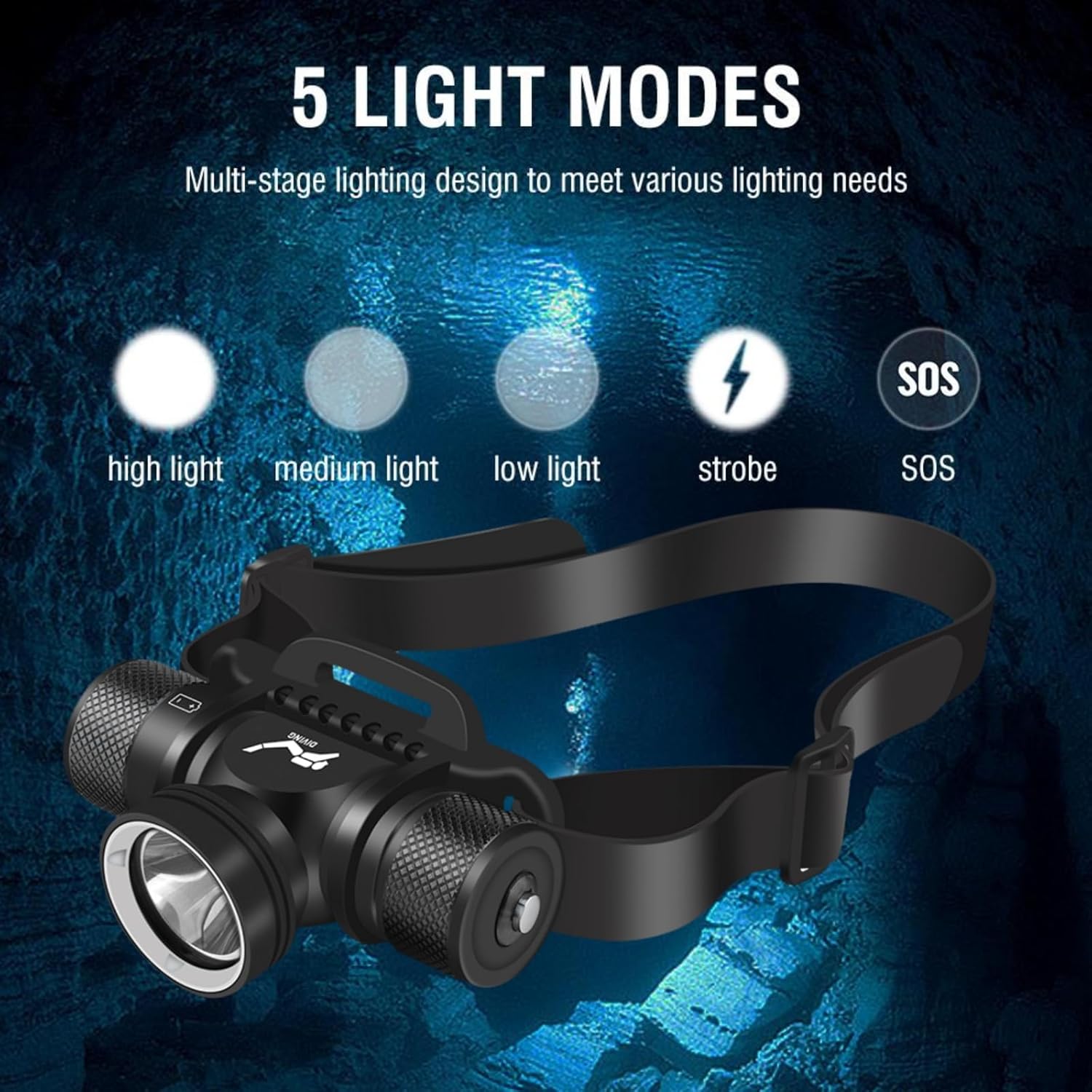 WINDFIRE Dive Light Scuba Diving Flashlight 3 Modes, Underwater Waterproof Headlamp for Diving 5 Modes with Power Indicator, IPX8 Waterproof Professional Diving Lights