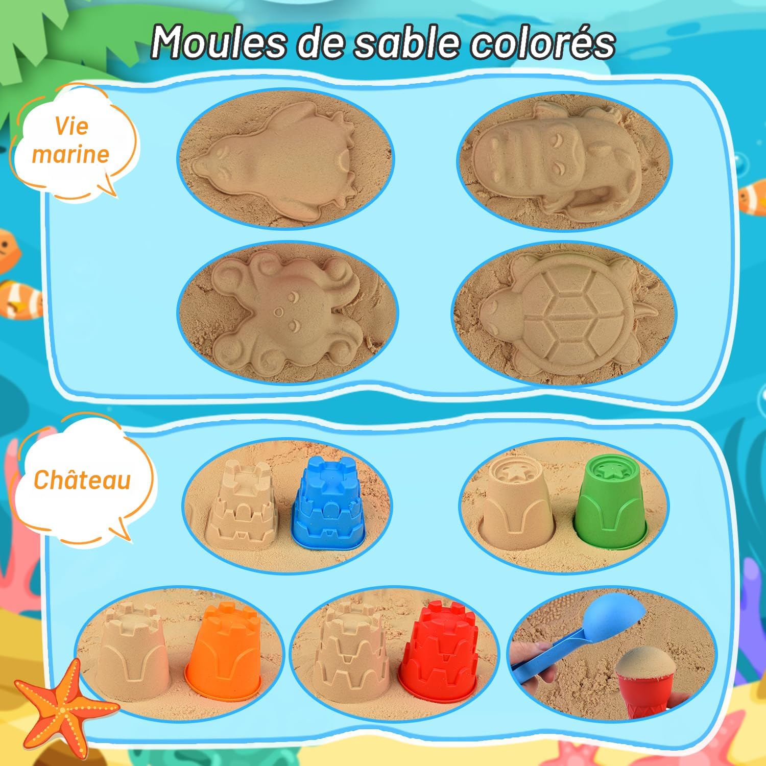 Jouets de plage, jouets de bac à sable avec seau à sable pliable, ensemble de pelles, kit pour château de sable, moules pour animaux dans un sac en maille, jouets d'été pour