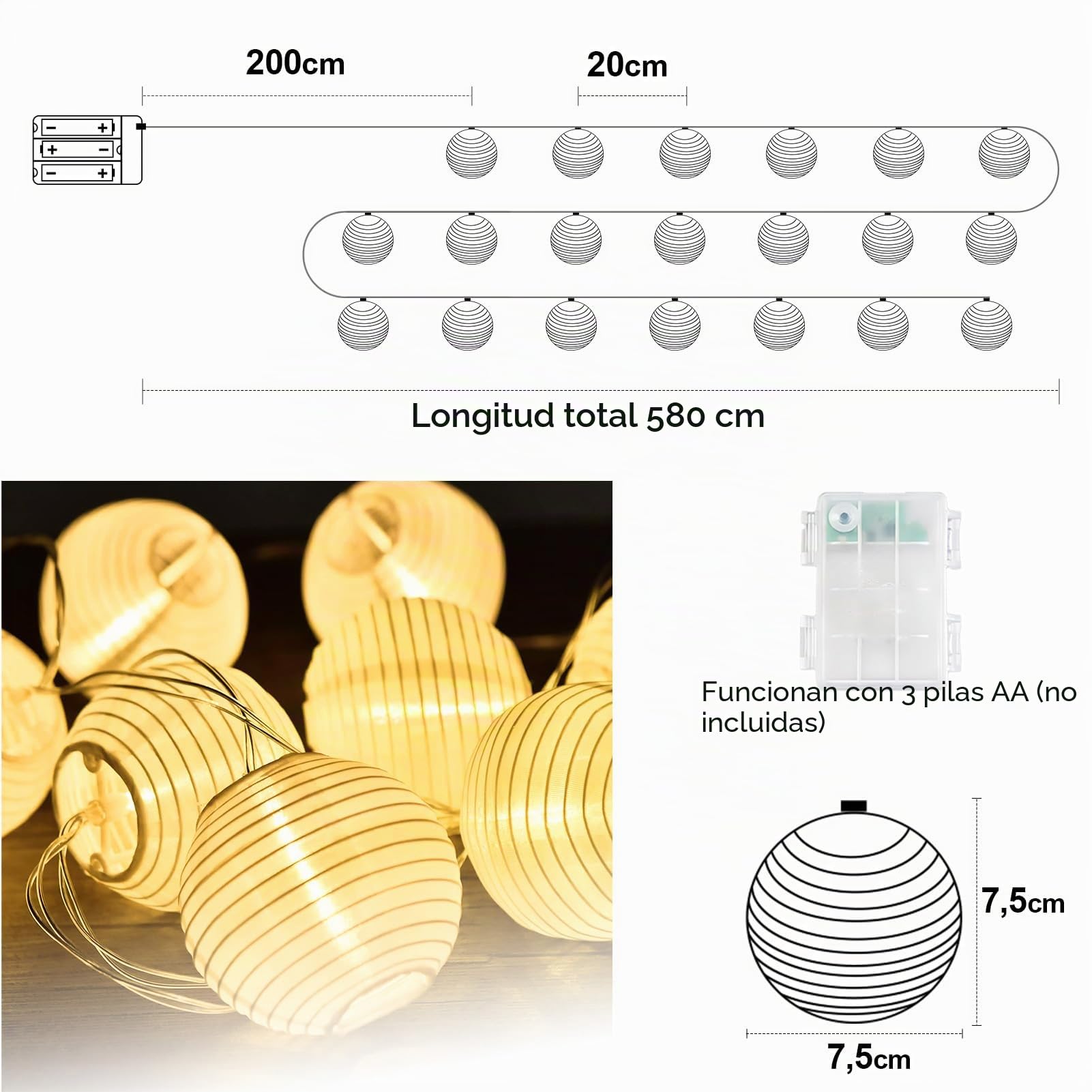 Uping Guirnalda Luces Pilas Interior Exterior Guirnalda Luminosa 20 Farolillos LED de Papel Exterior Decoracion Jardin Balcon Terraza (Blanco)