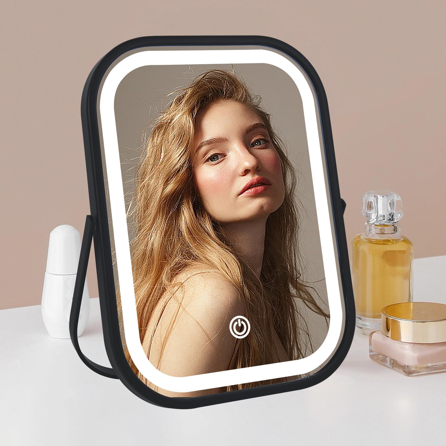 YEKKOPT Travel Mirror with Lights, Small LED Makeup Mirror with Lights,Portable Desk Mirror 1200mAh Battery,3 Color Modes,Dimmable Touch Screen,