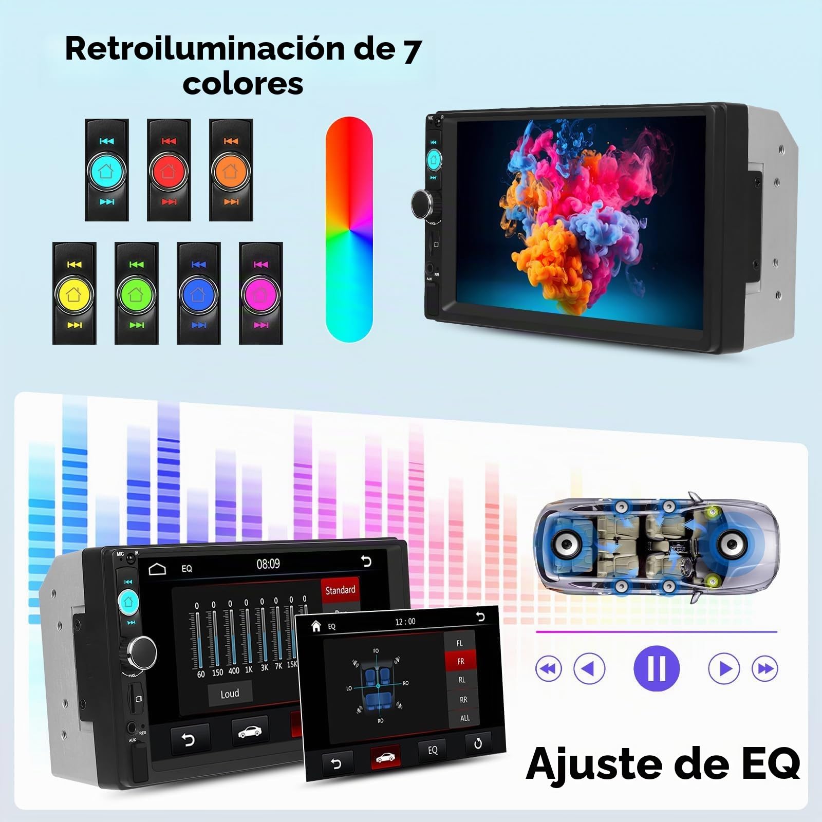 Radio Coche 2 DIN con Pantalla Táctil IPS de 7 Pulgadas Manos Libres, USB, AUX, TF, FM, Pantalla compartida Mirror Link, Reproductor MP5 y cámara de visión Trasera.