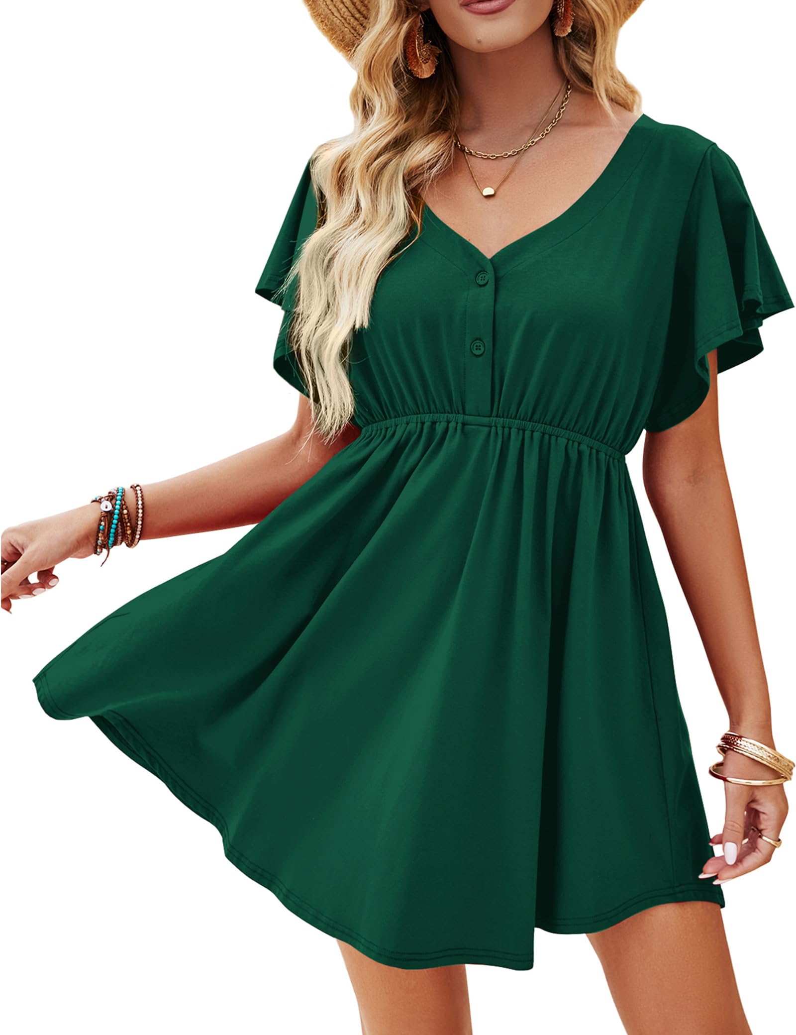 Beluring Tshirt Kleid Damen Casual Rüschen Kurzarm Sommerkleid V-Ausschnitt Swing Schößchen Minikleid Dunkelgrün L