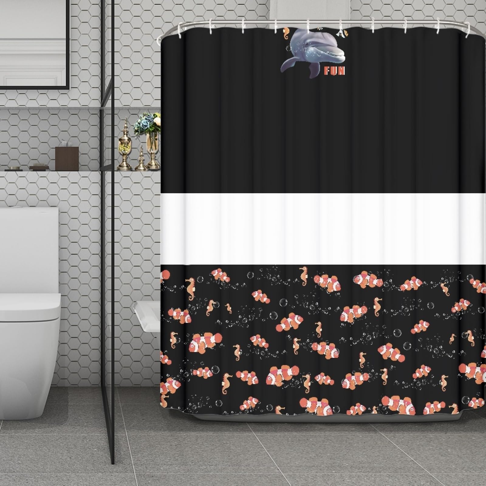 Rideau douche 180x220 poisson noir jaune en polyester lavable