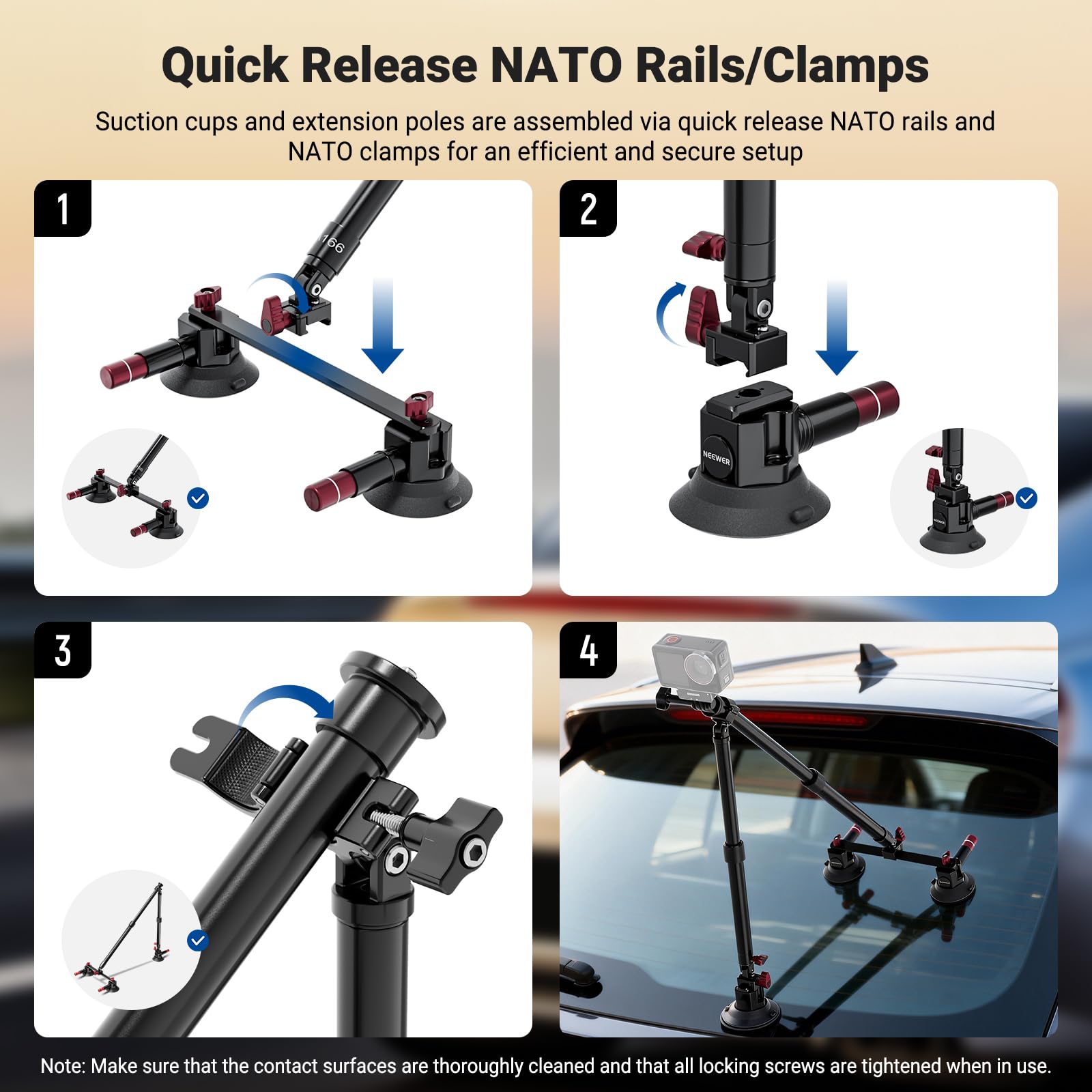 NEEWER Potrójny uchwyt z przyssawką, dwa drążki przedłużające ze stopu aluminium, szyna NATO, adapter kamery sportowej, kompatybilny z GoPro DJI Insta 360, maks. obciążenie 2,2 lb, CA166