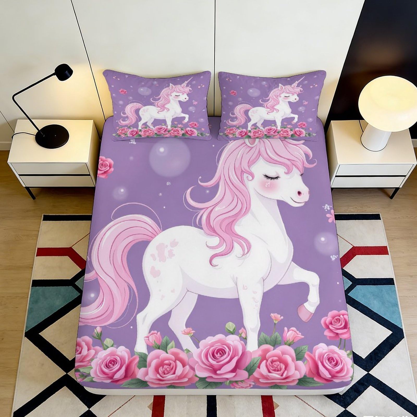 3D Printed Fantasy Unicorn Fitted Sheet Microfiber Non-Slip Deep Pocket Fantasy Unicorn Mattress Fitted Cover Full Wrap Washable for Teens Bedroom 90x200x25cm