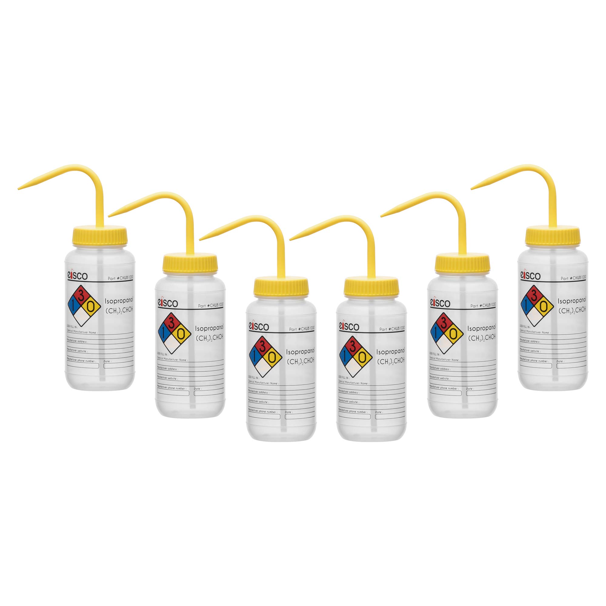 EISCO Confezione da 6 flaconi per isopropanolo, 500 ml, etichettati con informazioni sulla sicurezza e sulle sostanze chimiche codificate a colori (4 colori), bocca larga, autoventilazione, in