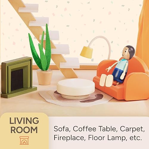 Miniatura 4 de Giant bean Juego de 5 muebles grandes de madera para casa de muñecas de 26 piezas para cocina, sala de estar, dormitorio, baño, cuarto de bebé,