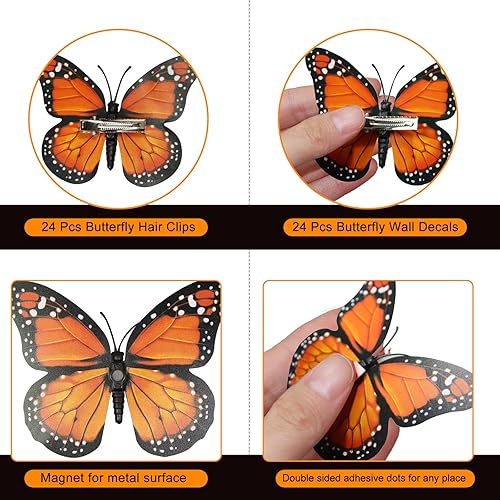 Miniatura 5 de Tcevily 144 decoraciones de mariposa monarca  72 estacas, 36 pinzas para el pelo de mariposa, 36 calcomanías de pared para suministros de fiesta de
