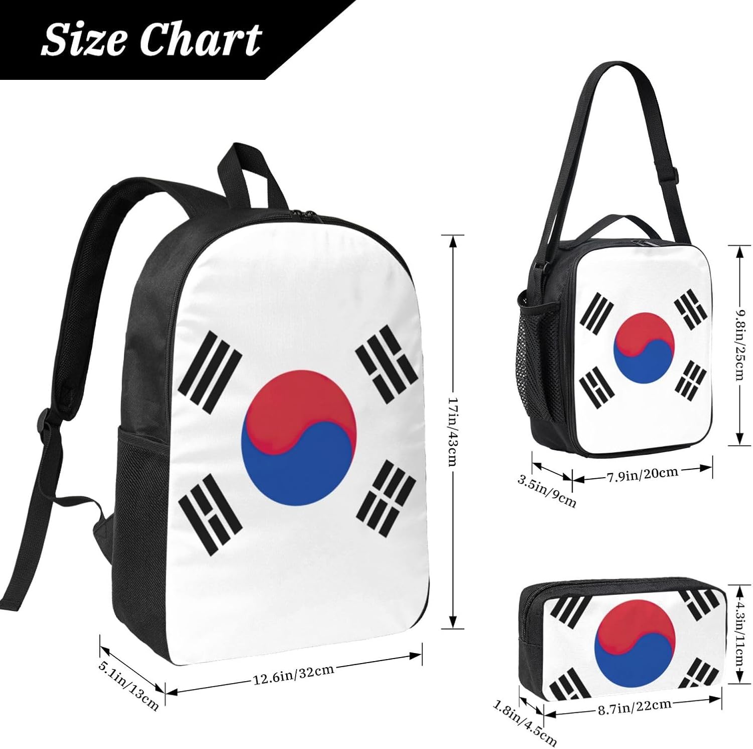 Flag of Republic of Korea print 3 Piece Backpack Bags with Lunch Box Pencil Case Set for Travel Work Camping Unisex